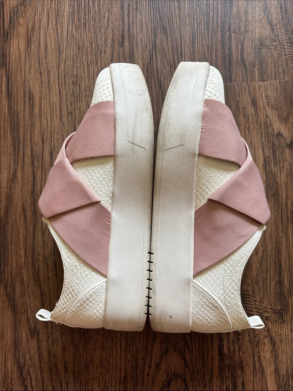 Call It Spring Platform Sneakers White Snakeskin Blush Pink Elastic Cross Strap